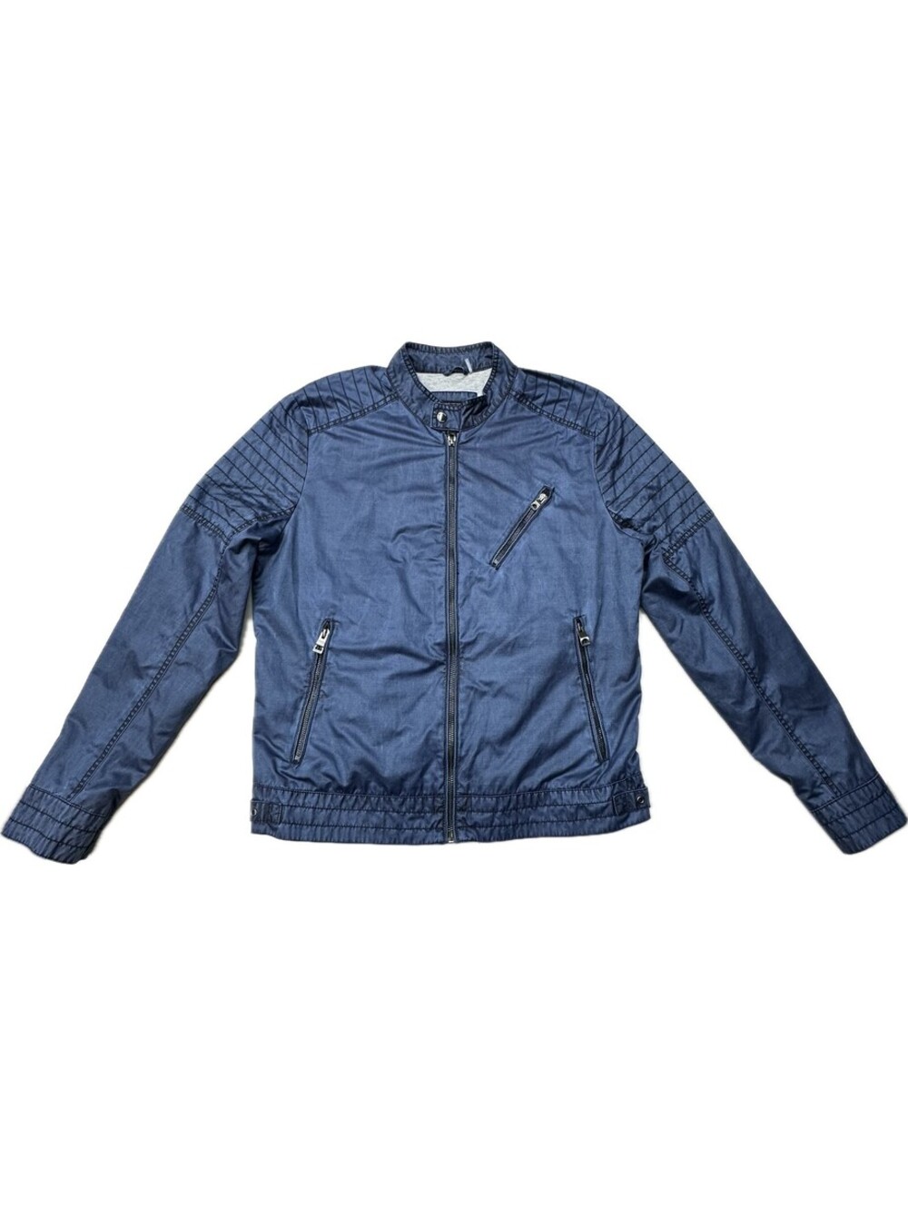 GUESS Men’s Moto Racer Jacket Large Navy Blue Quilted Shoulder Full Zip Large